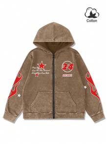 Manfinity Roghcode 男士休闲水洗标语印花拉链连帽衫，秋冬款 - 咖啡棕 - 查看 2