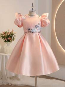 Robe courte de demoiselle d'honneur à ligne A, texture à volants et manches bouffantes, de qualité supérieure, pour mariage, bal de promo, anniversaire - Rose bonbon - Voir 3