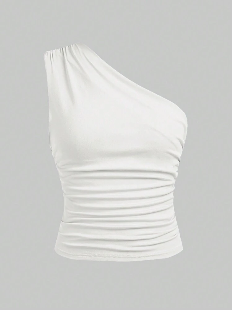 SHEIN Girlism Débardeur asymétrique décontracté à col plissé de couleur unie pour adolescentes