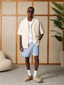 SUMWON Camicia a maniche corte con texture premium, casual con bottoni per resort, spiaggia, estate, adatta per il lavoro e il tempo libero, con collo alla coreana, perfetta per vacanze ed ufficio - Cachi - Visualizzare 2