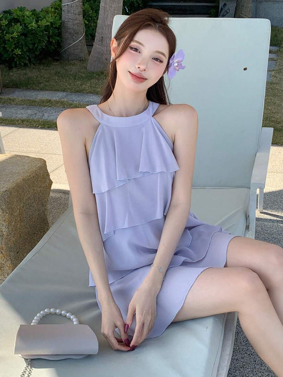 DAZY 女士纯色无袖荷叶边系带吊带背心夏季