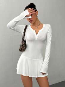 Flirla Vestido de punto casual de manga larga y cuello ancho con 3 botones, de unicolor, para mujer - Blanco - Ver 1