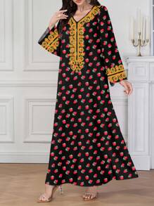 Al Najma 女式 V 领长袖草莓印花休闲简约阿拉伯连衣裙 - 黑色 - 查看 5