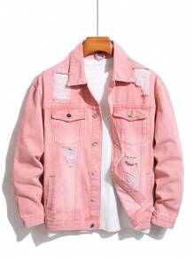 Manfinity Homme 男士休闲宽松牛仔夹克，简约时尚，适合日常穿着 - 粉色 - 查看 1