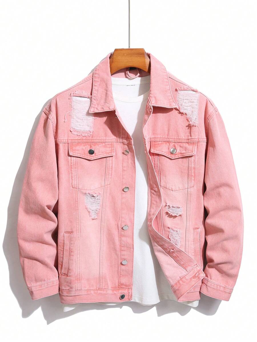 Manfinity Homme 男士休闲宽松牛仔夹克，简约时尚，适合日常穿着 - 粉色 - 查看 1