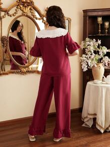 Côtesoire French Retro Peter Pan Collar Ruffled Trim Women Pajama Set Holidayseason