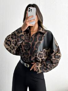 SHEIN Tall Bluzka damska z nadrukiem w panterkę, rękawami typu nietoperz, z nadrukiem PU i ozdobnymi ramionami
