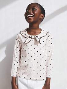 SHEIN Young Girls Bow Knot Collar Beige Polka Dot Long Sleeve Fitted T-Shirts, Countryside Style For Daily Wear