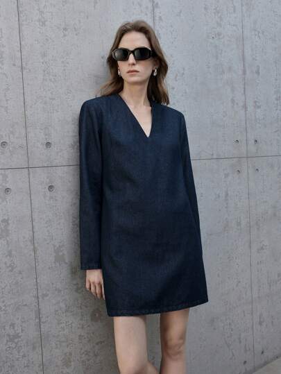 Ontre 女士深蓝色牛仔连衣裙 V 领西装连衣裙春夏装工作装