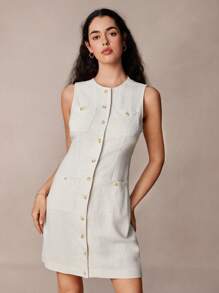 SHEIN Frenchy Elegantes und romantisches, ärmelloses, kurzes Kleid aus Leinen für Damen, kann drinnen oder draußen getragen werden. Einfarbiges, einreihiges, lässiges Minikleid mit Rundhalsausschnitt und mehreren Taschen, Herbst und Winter. - Aprikosenfarben - Übersicht 4