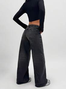 EURMUSE WOMEN LOW WAIST WIDELEG CUTLINE DETAIL - Dark Grey - View 2