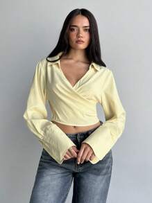 Aloruh 女士新款纯色浅黄色浪漫优雅性感宽松V领露背系带短款T恤，情人节长袖上衣，女士夏季外出上衣，优雅夏季女士上衣，毕业季，教师节，返校季 - 黃色 - 查看 6