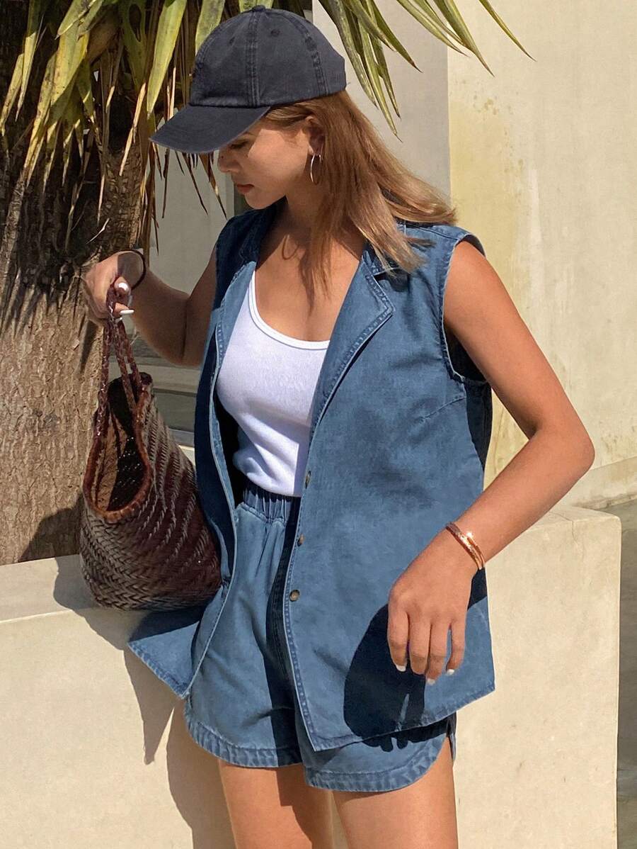 Livesso Women Button Front Sleeveless Casual Top And Denim Shorts Set