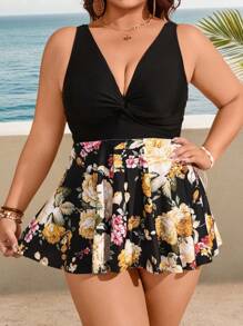 SHEIN Swim Curve Plus Size Women 2pcs Floral Print Modest Swimsuit Set, High Waisted Adjustable Strap Tankini With Bottom For Summer Beach Vacation - Black - View 4