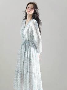 DAZY Damen V-Ausschnitt Ditsy Blumen Kordelzug Midi-Kleid, Herbstkleid Abendkleid