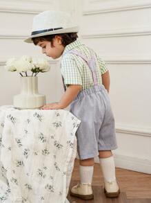 SHEIN 2 件套男婴格子连体裤搭配蝴蝶结衬衫和吊带短裤绅士装，蓝色和紫色 - 彩色 - 查看 2