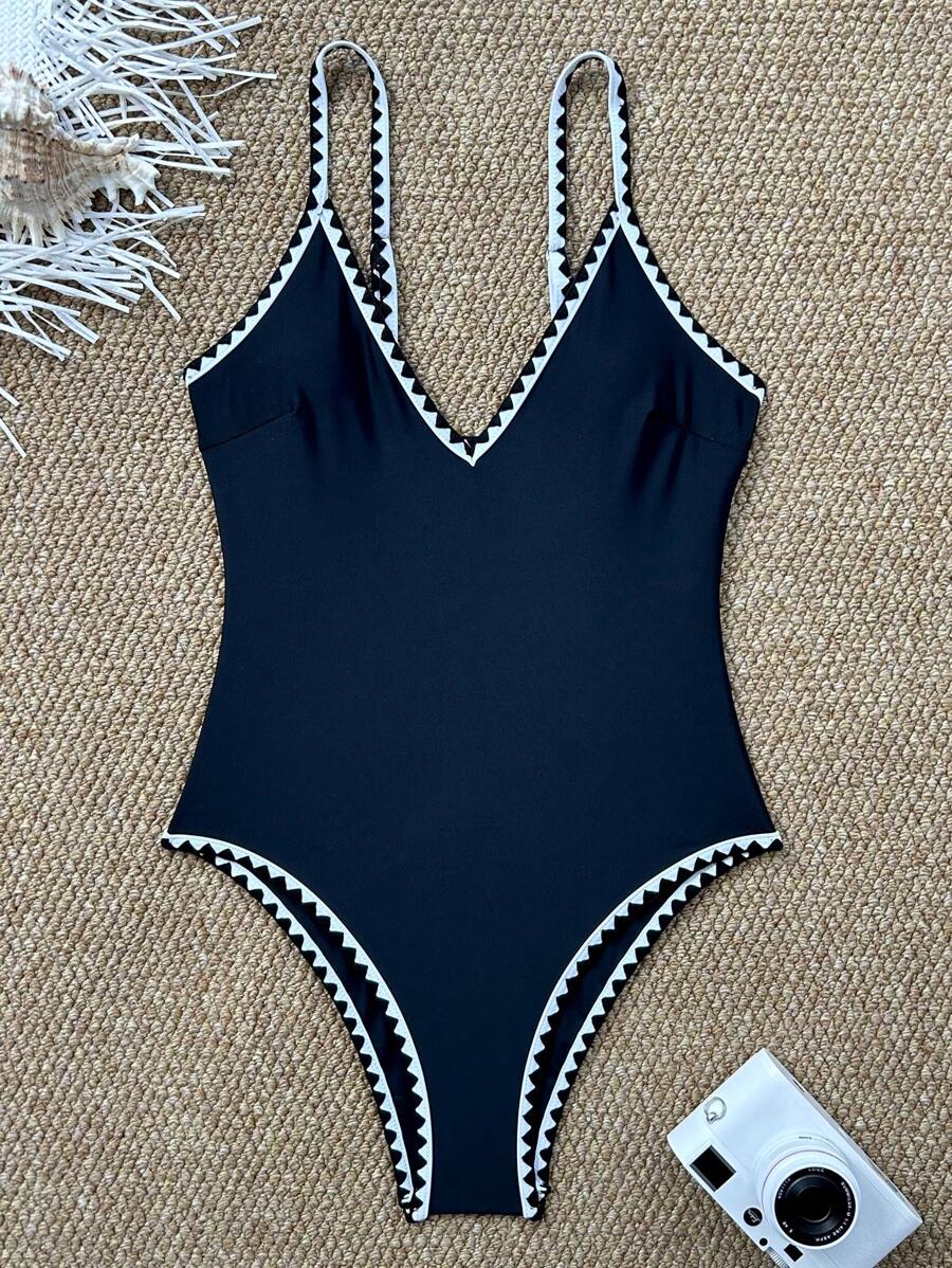 SHEIN Swim Đồ bơi một mảnh viền đen trắng cổ chữ V tua rua gợi cảm thanh lịch, trang phục đi biển cho phụ nữ, cho kỳ nghỉ hè - Đen và trắng - Xem 1