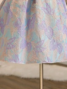 Tween 女童优雅泡泡袖高腰中长款提花面料蕾丝花边领花朵 Tween 女童连衣裙，适合夏季婚礼 - 淡紫色 - 查看 4