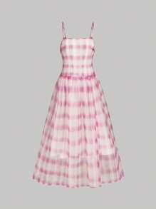SHEIN MOD Women's Pink Plaid Ruched Maxi Casual Cami Dress, Vacation,Vacation Outfits Woman,Spring/Summer,Beach Outfits For Woman,Valentines Clothes Women,Date Night Outfits Women,Tropical Vacation Woman Clothes,Brunch Outfits For Women,Boho Women Clothing,2000s Style - Multicolor - View 1