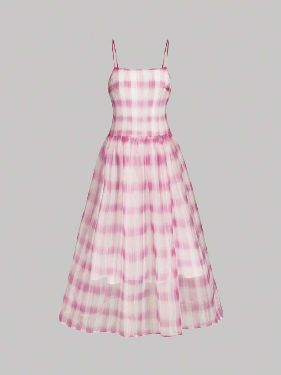 SHEIN MOD Women's Pink Plaid Ruched Maxi Casual Cami Dress, Vacation,Vacation Outfits Woman,Spring/Summer,Beach Outfits For Woman,Valentines Clothes Women,Date Night Outfits Women,Tropical Vacation Woman Clothes,Brunch Outfits For Women,Boho Women Clothing,2000s Style - Multicolor - View 1