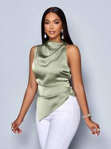 SOLERSUN Women's Fashionable Solid Color Ruched Cowl Sleeveless Asymmetrical Hem Satin Blouse