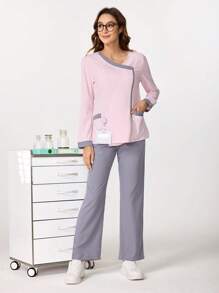 TaskEZ Conjunto de blusa y pantalón de un solo color, estilo minimalista con mangas largas para mujer. Conjunto de uniforme de enfermería con parte superior e inferior, transpirable y con bolsillos. Conjunto de uniforme de enfermería con parte superior con cuello en V y pantalón de pierna recta. Conjunto de uniforme de enfermería con parte superior elástica y pantalón cargo con cordón.