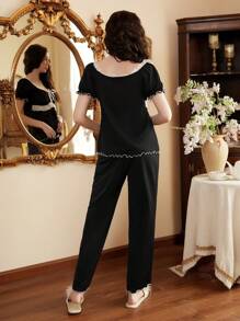 Côtesoire Elegant Lace Patchwork Bowknot Lady Pajama Set Holiday Season, Vacation