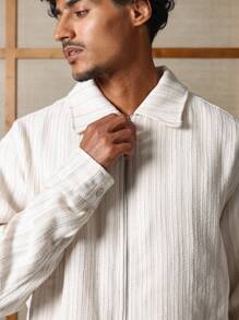 SUMWON Rustic Textured Harrington Jacket With Zip Front Classic Collar Japanese Style Weekend Casual Outerwear Spring Autumn Lightweight Street Style - Beige - View 5