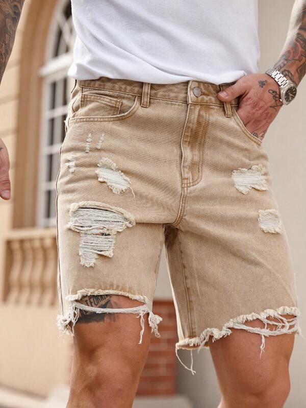 Manfinity LEGND Pantaloni scurți din denim kaki, croială slim fit, cu croială dreaptă, pentru bărbați