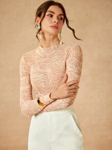 VALERIA GÓMEZ 设计师花卉印花透明网眼高领长袖性感紧身衣、节日、狂欢服装节日小码 - 彩色 - 查看 1