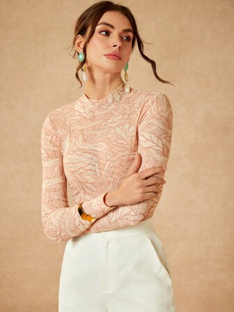 VALERIA GÓMEZ Designer Floral Print Sheer Mesh Mock Neck Long Sleeve Sexy Bodysuit, Festival, Rave Outfits Festival Petite