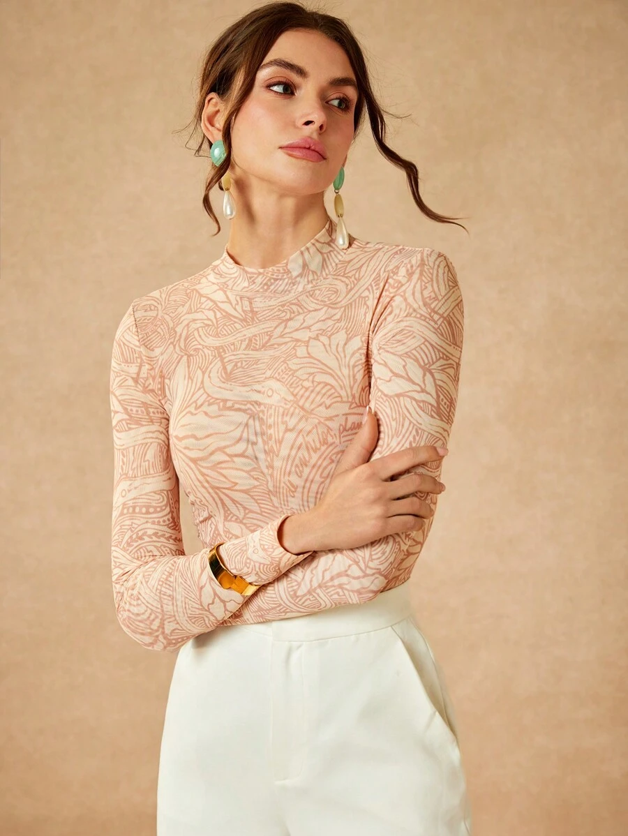 VALERIA GÓMEZ 设计师花卉印花透明网眼高领长袖性感紧身衣、节日、狂欢服装节日小码 - 彩色 - 查看 1