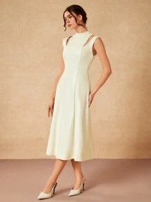 metadea 设计师白色 PU 镂空肩部立领露背无袖 A 字型女式中长优雅连衣裙、节日服装、音乐会服装、狂欢、婚礼、舞会礼服 - 白色 - 查看 8