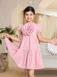 Young Girls' Large Rose Flower Decor Puff Sleeve Dresses - Baby Pink - View 1