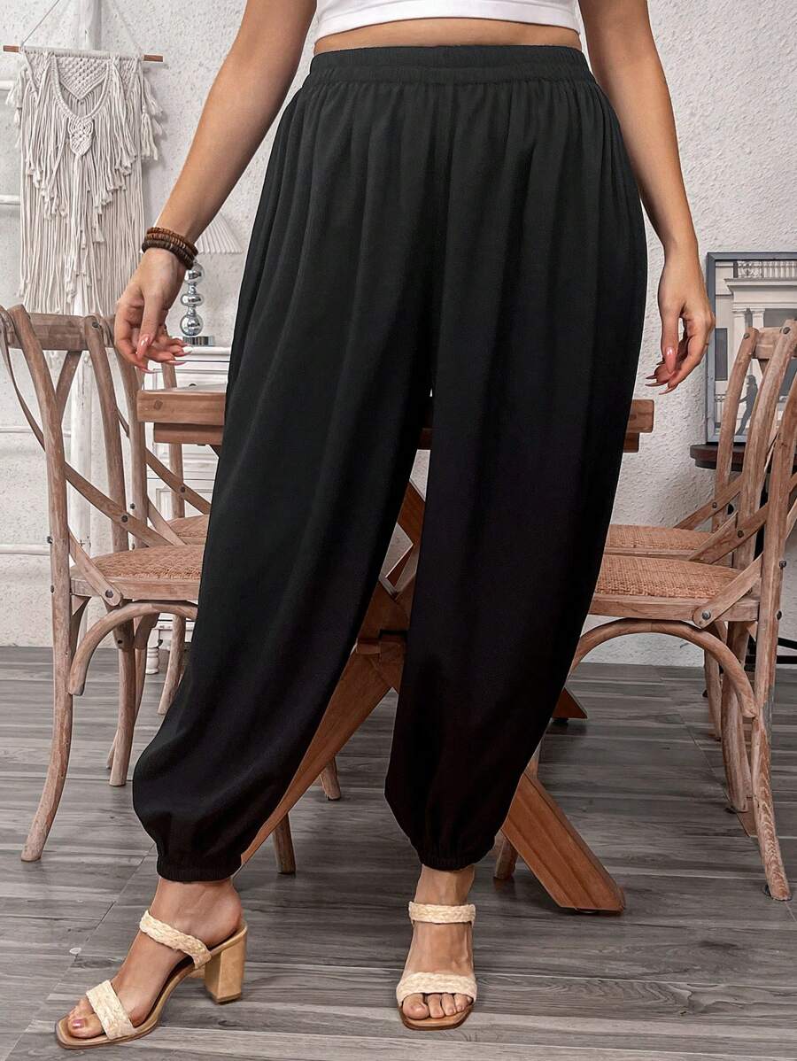 Breezaya Women's Casual Harem Pants With Drawstring, Relaxed Fit, Solid Color - Black - View 1