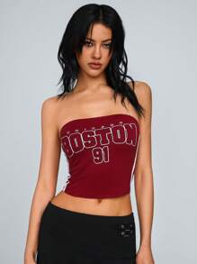 TRNVIE Strapless Letter Print Contrast Striped Women Blouse - Red - View 1