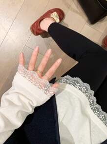 FRIFUL Women's Loose Fit Lace Trim Wide Sleeve T-Shirt, Layerable Spring Clothing
