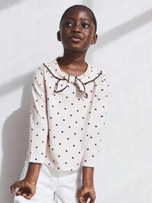 SHEIN Young Girls Bow Knot Collar Beige Polka Dot Long Sleeve Fitted T-Shirts, Countryside Style For Daily Wear