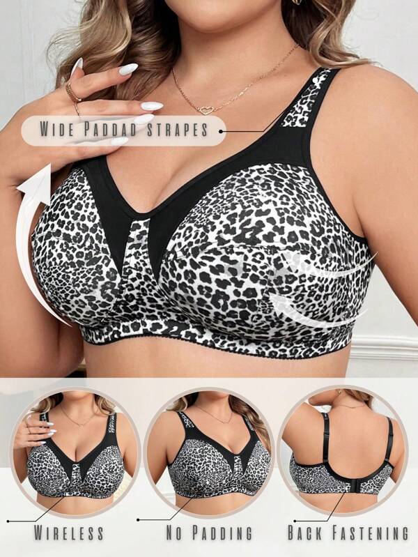 1pc Plus Size Splice Leopard Print Wireless Bra