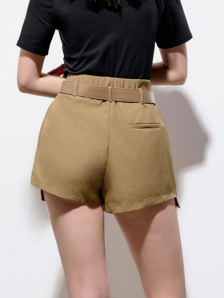 SHEIN Maija 2025 Summer New Khaki Brown Waisted Canvas Adjustable Metal Hook Design Slant Pocket Beach Music Festival Holiday Casual Romantic Urban Resort Suitable For Outdoor Gathering, Wedding Guest, Retro Vintage Style Graduate Season Ladies Shorts