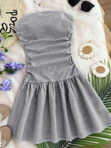 Girlism Váy ngắn chữ A cạp chun co giãn sọc đen trắng cho bé gái tuổi teen, trang phục đi biển thường ngày - Đen và trắng - Xem 3