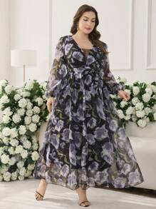 Modelyn New Design Printed Long Sleeve A-Line Cinched Waist Dress - Purple - View 4