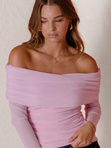 Aralina Soft Pink Off-Shoulder Long Sleeve Mesh Top - Baby Pink - View 7