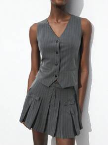 Maija 2025 夏季新款灰色条纹办公室通勤、音乐节、海滩度假、休闲日常浪漫都市适合外出、聚会、婚礼、毕业女士吊带背心上衣 - 灰色 - 查看 2