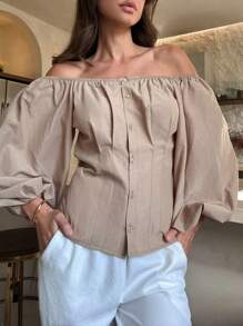 Cottnline 女士露肩灯笼袖纯色衬衫