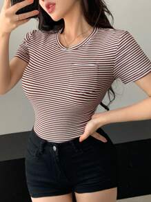 DAZY Áo thun nữ cổ tròn tay ngắn túi ôm dáng thường ngày - màu nâu - Xem 4