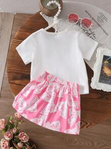 Roupa casual de verão para bebês meninas, camiseta branca com estampa fofa + saia evasê, uso diário essencial - Rosa Quente - Ver 6