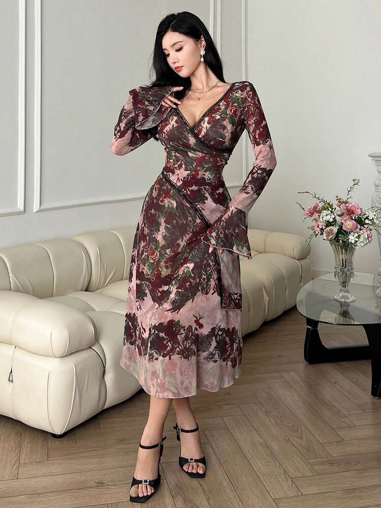 Women's Full Print V-Neck Long Sleeve Open Back Tie Strap Resort Style Dress Floral Elegant,Ruffle