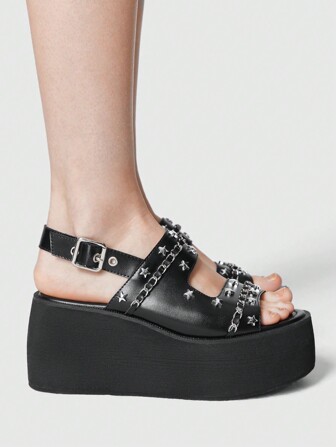 Goth Damen Sandalen mit Schnalle, runde Zehenkappe, Plateau-Keilabsatz, PU-Lederobermaterial, schwarz, geeignet für Abschlussfotos, Freizeitbekleidung