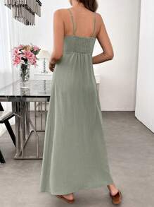 SHEIN LUNE Váy xanh đậu phong cách resort mềm mại như vải lanh dành cho nữ - Màu xanh Ô liu - Xem 2